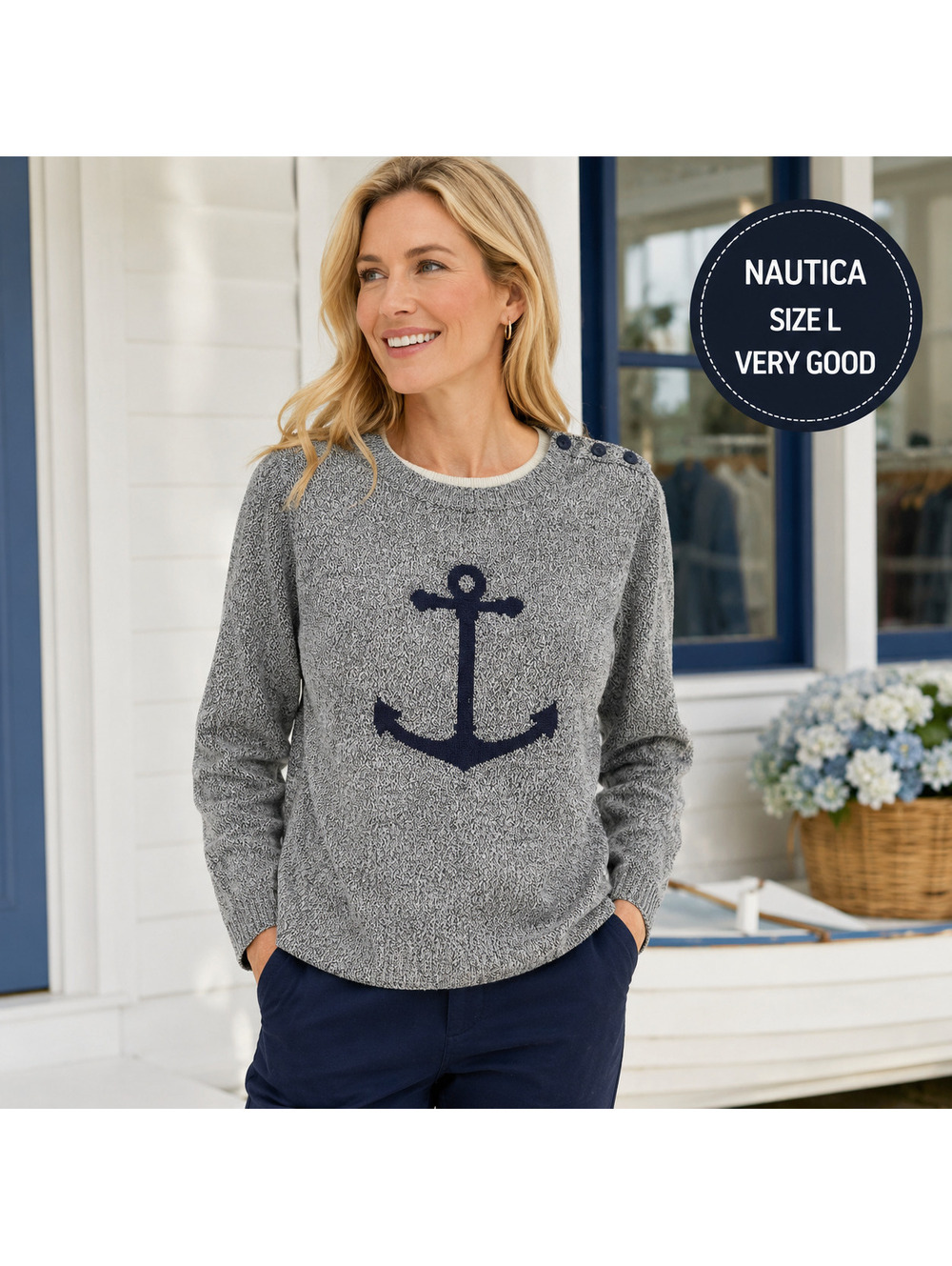 Nautica | Sz L | Blue Navy Anchor Crewneck Sweater